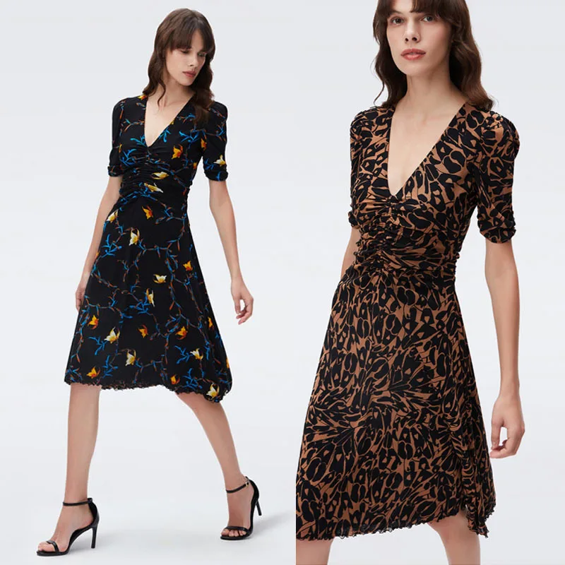 Stylish Midnight Butterfly Print Stretchy Mesh V-Neck Double-Sided Slimming Dress for Spring and Summer