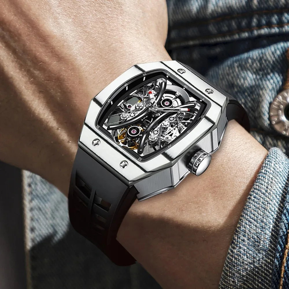 AESOP RICHA Men Mechanical Hand Wind Wristwatch with Square Carbon Fiber Bezel Flying Tourbillon Skeleton Design Luminous Clock