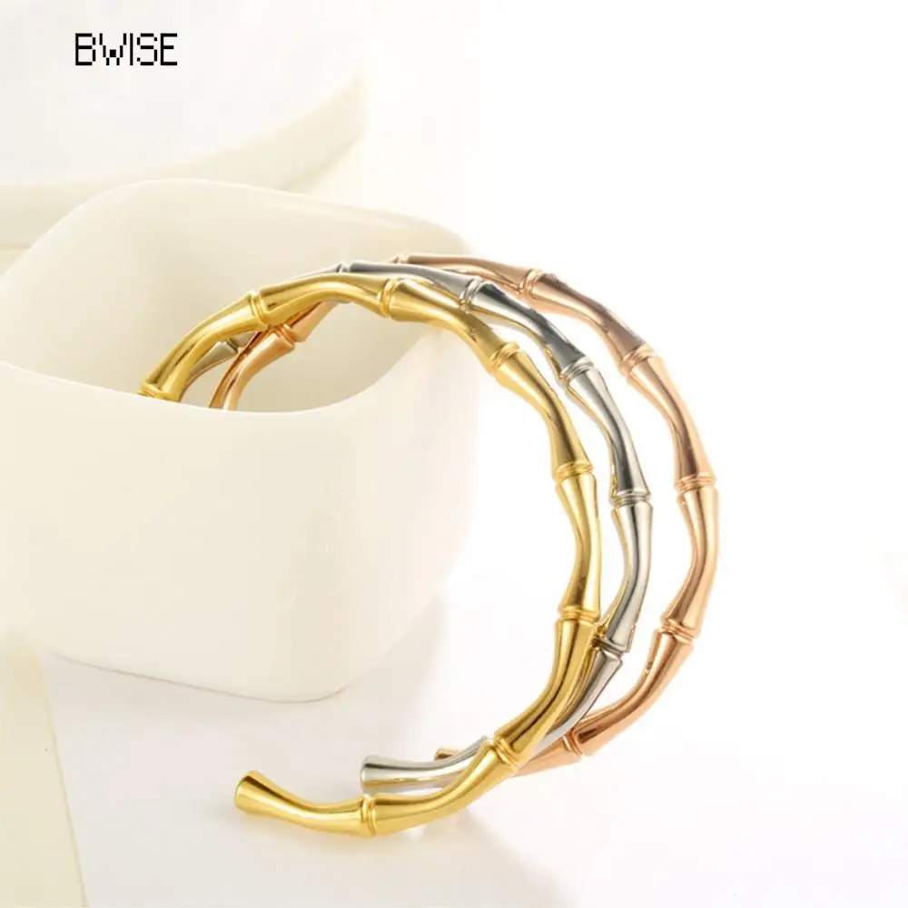 Bwise Stainless Steel Gold Color Bamboo Joint Bangles 2023 Trend Bracelet For Women Men Romantic Party Gift Fashion Jewelry