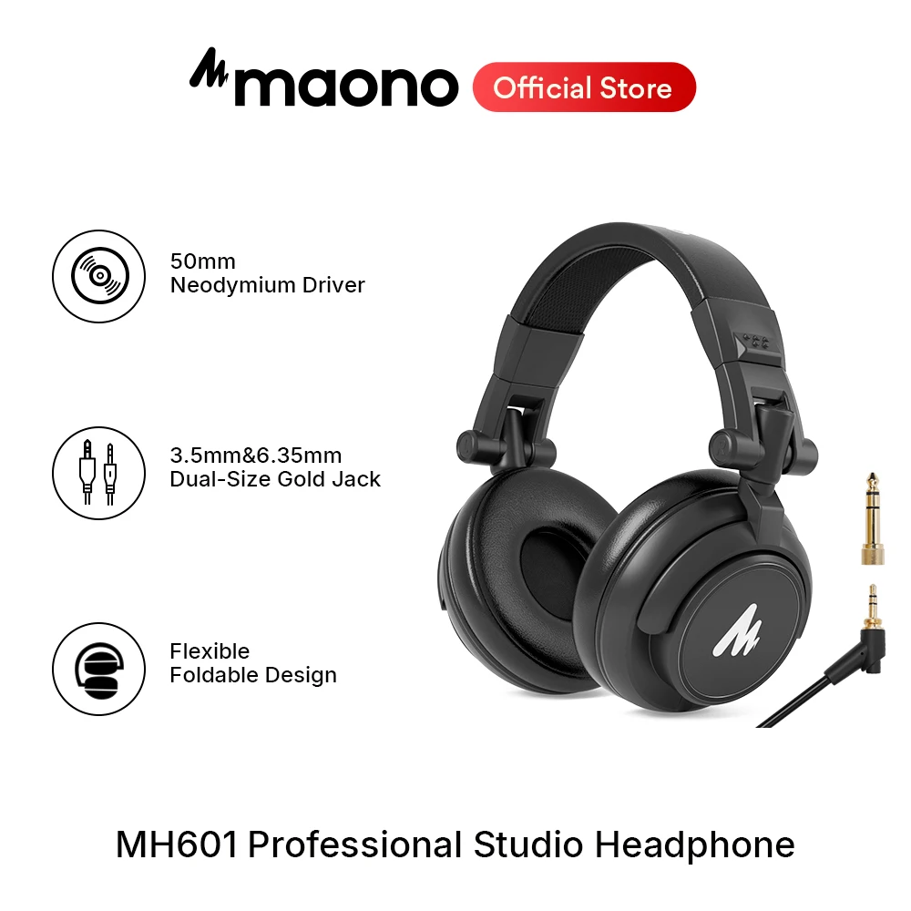 

maono MH601 Professional Studio Monitor Headphones with Detachable Plug & Cable and 50mm Driver for DJ,Studio,Sound Card