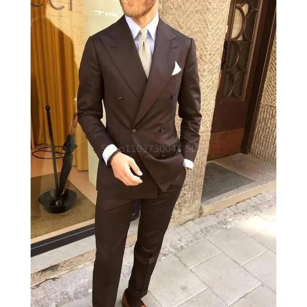 New Style Coffee Wedding Suits Groom Tuxedos Business Men Suits Perak Lapel Double-Breasted Jacket Prom Dinner Blazer Pants