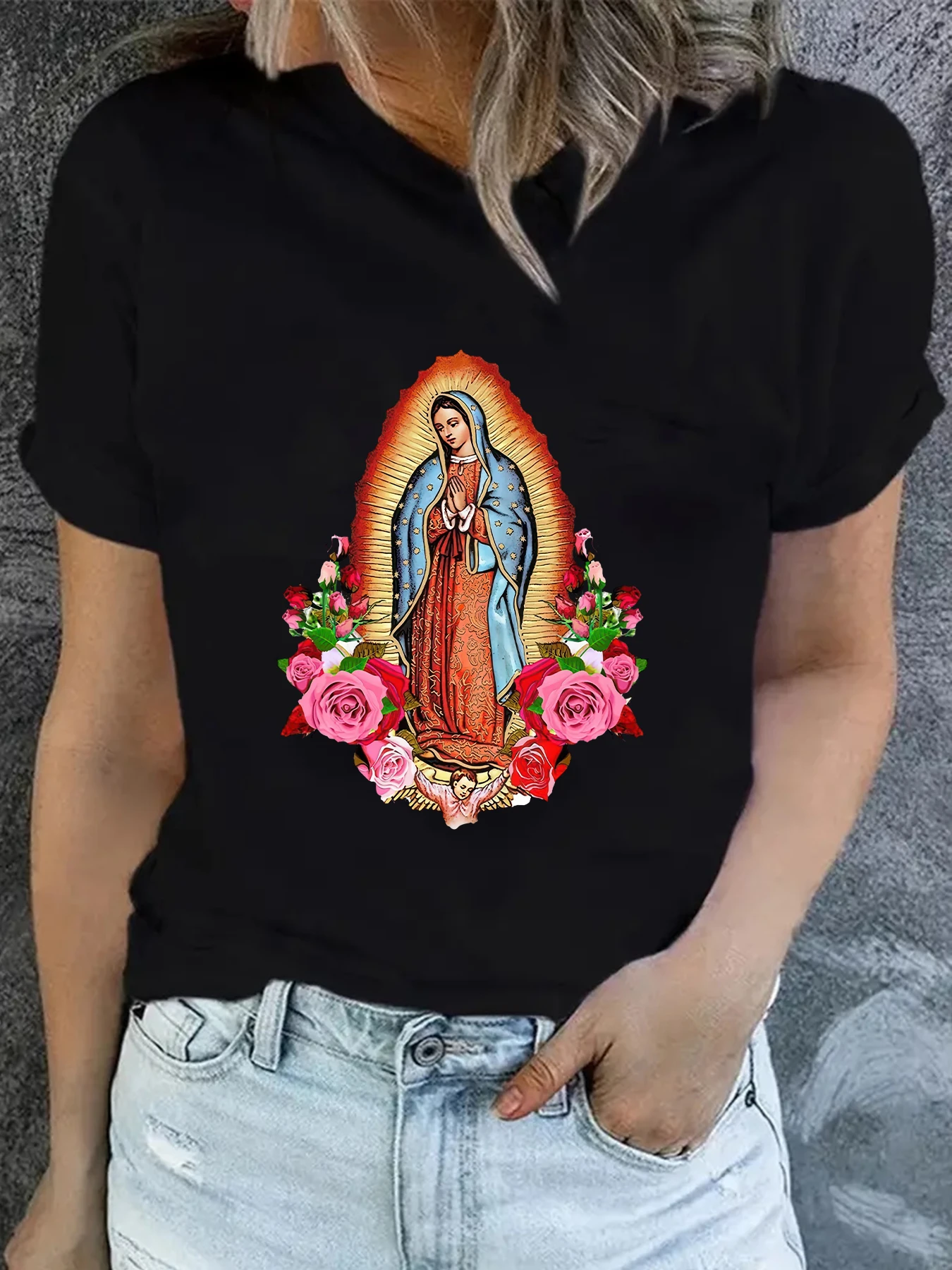 Virgin Mary printed T-shirt Christian, original design top fashionable short sleeved