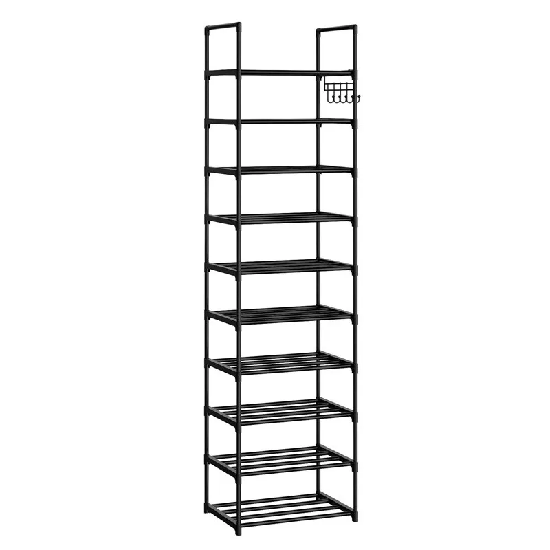 Single Row 10-Tier Black Metal Shoe Rack Storage Shelf, Stackable Shoe Cabinet with Hooks