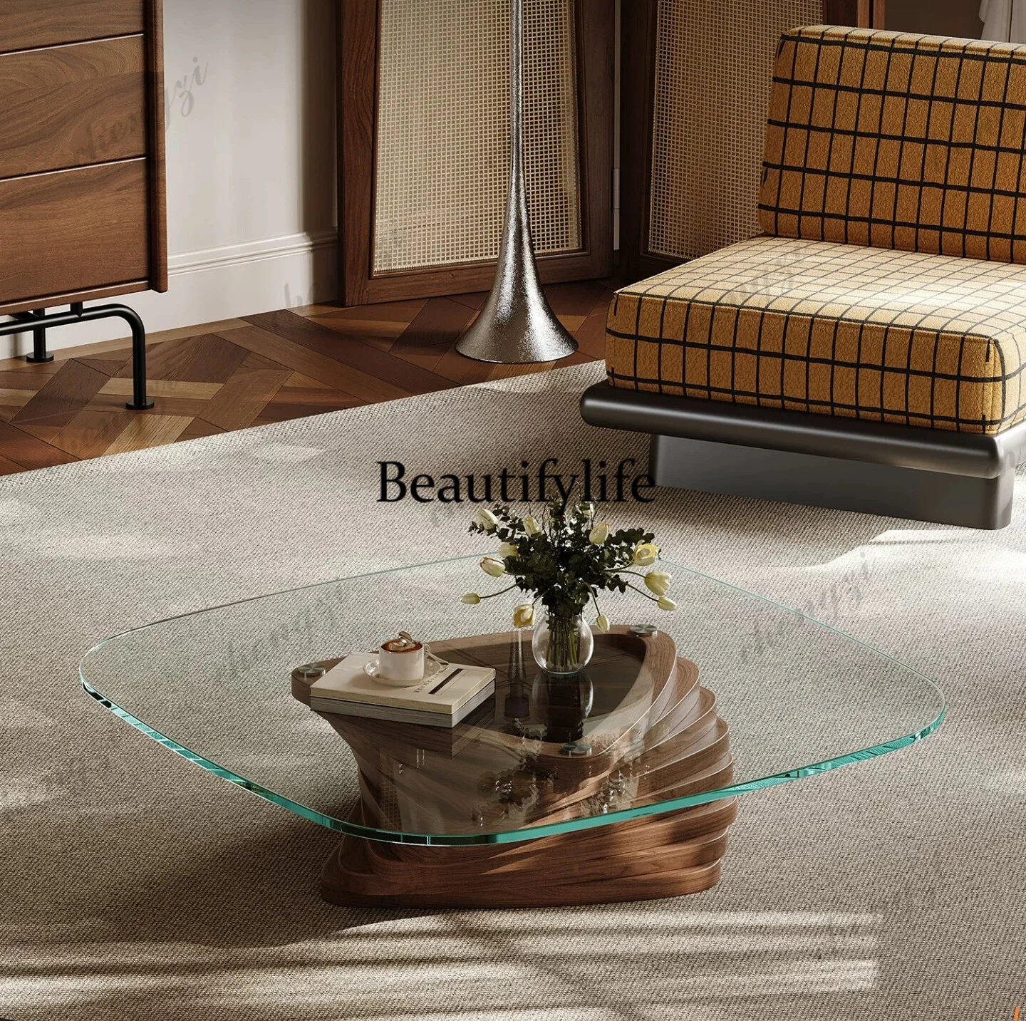 

Vintage-style coffee table, square living room glass, light luxury and high-end design, designer solid wood