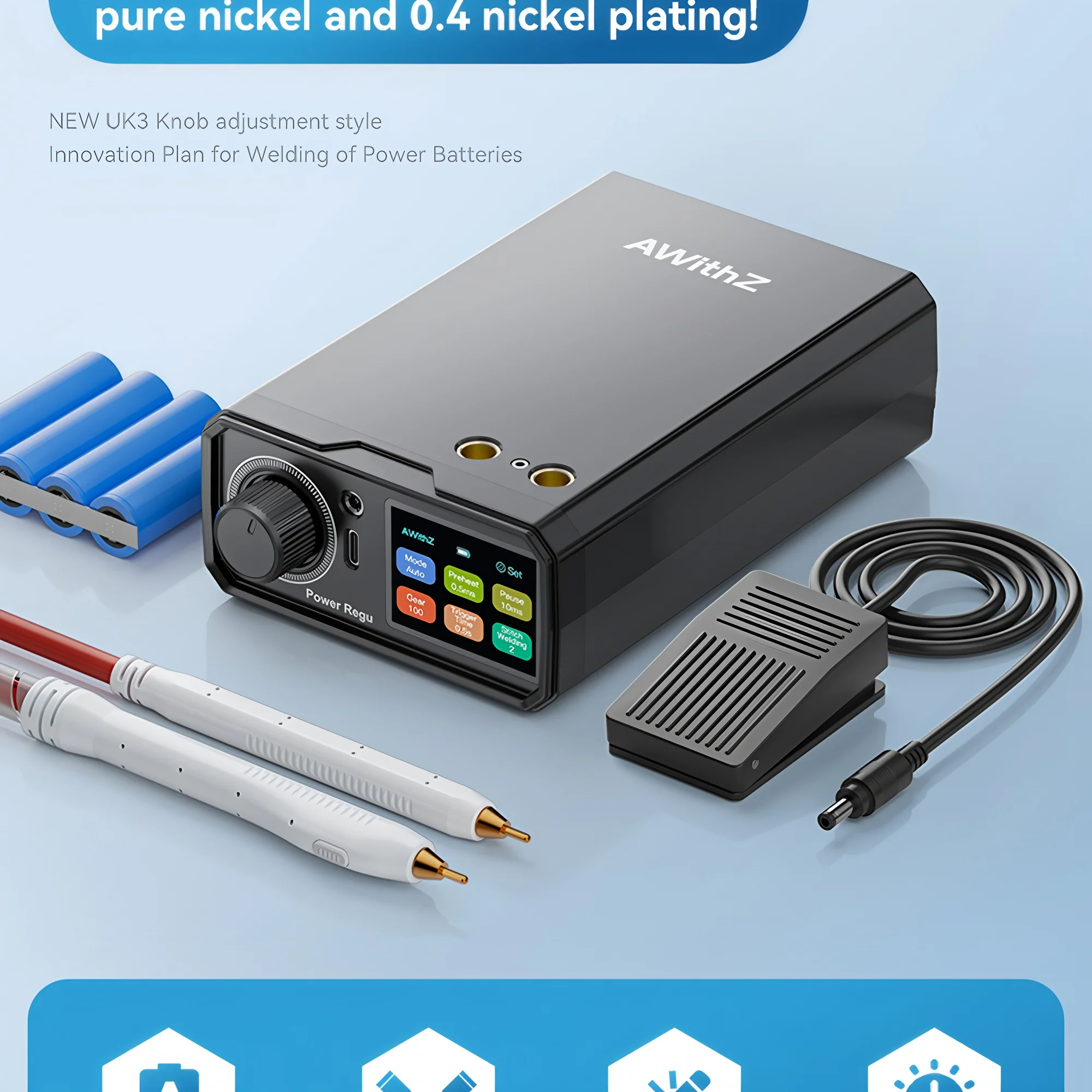 AWithZ UK3 Tragbarer Batterie-Punktschweißer 1650A für 18650 21700 32700 Zellen, Nickelstreifenschweißen, automatische Touch-Pen-Fußpedalsteuerung – Detail 3