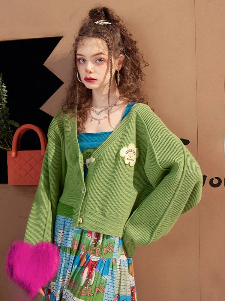 

Вязаный свитер-кардиган Eden Garden Fairy для женщин: весенний, повседневный, с V-образным вырезом, объемными длинными рукавами, свободного кроя