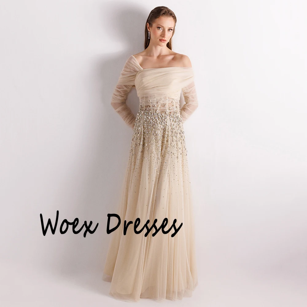 Customized Simple Black Boat Neck Tulle Evening Dress Full Sleeves With Crystal Party Dress A-line Floor Length Prom Gown image 6
