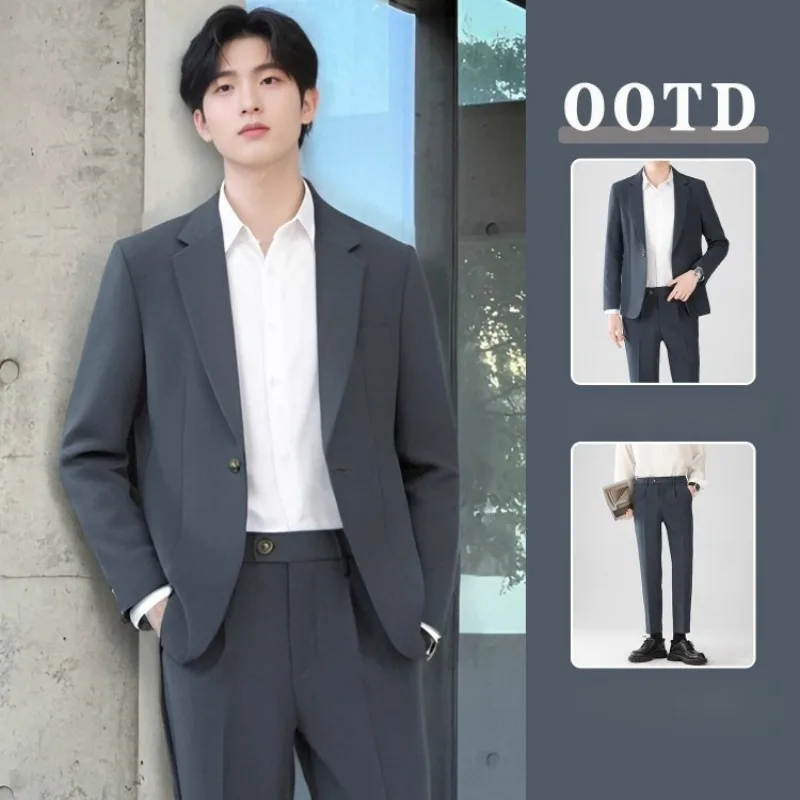 Men's Casual Suit Set Korean Style Loose Fit Spring Autumn Wedding Guest Office Wear Premium Light Mature Blazer Outfit​