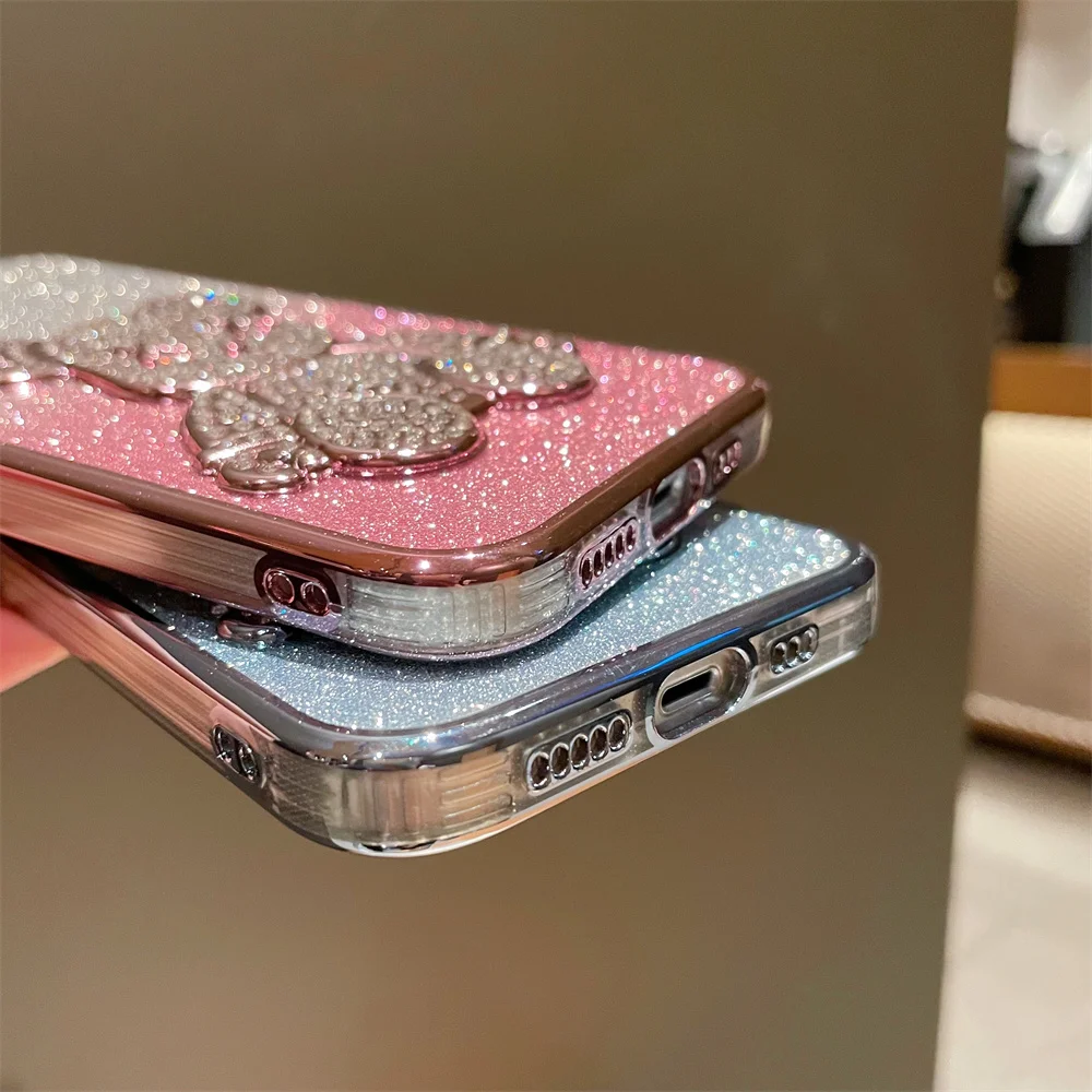 Fashion Crystal Bear Clear Phone Case for iPhone 15 14 13 12 11 Pro Max 14 Plus Plating Frame Gradient Glitter Shockproof Cover