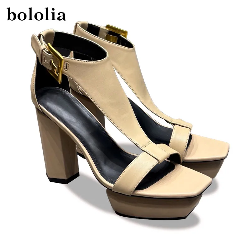 

High Quality Waterproof Platform Sexy Genuine Leather High Heel Temperament Square Toe Open Toe One Button Women's Sandals Pumps