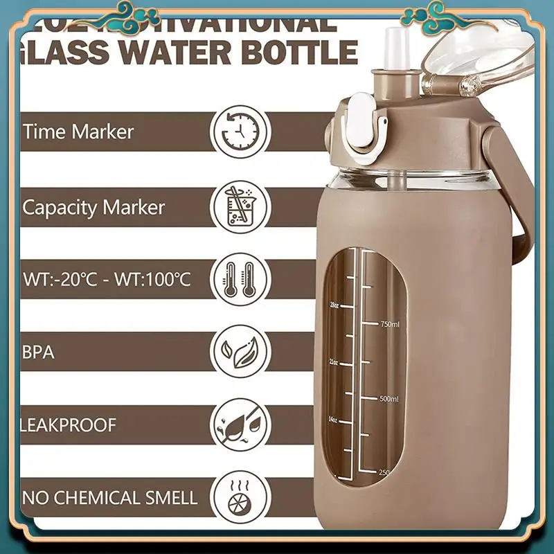 Latest 64Oz Glass Water Bottles With Straw, Glass Bottle With Silicone Sleeve And Time Marker, For Gym Home Office