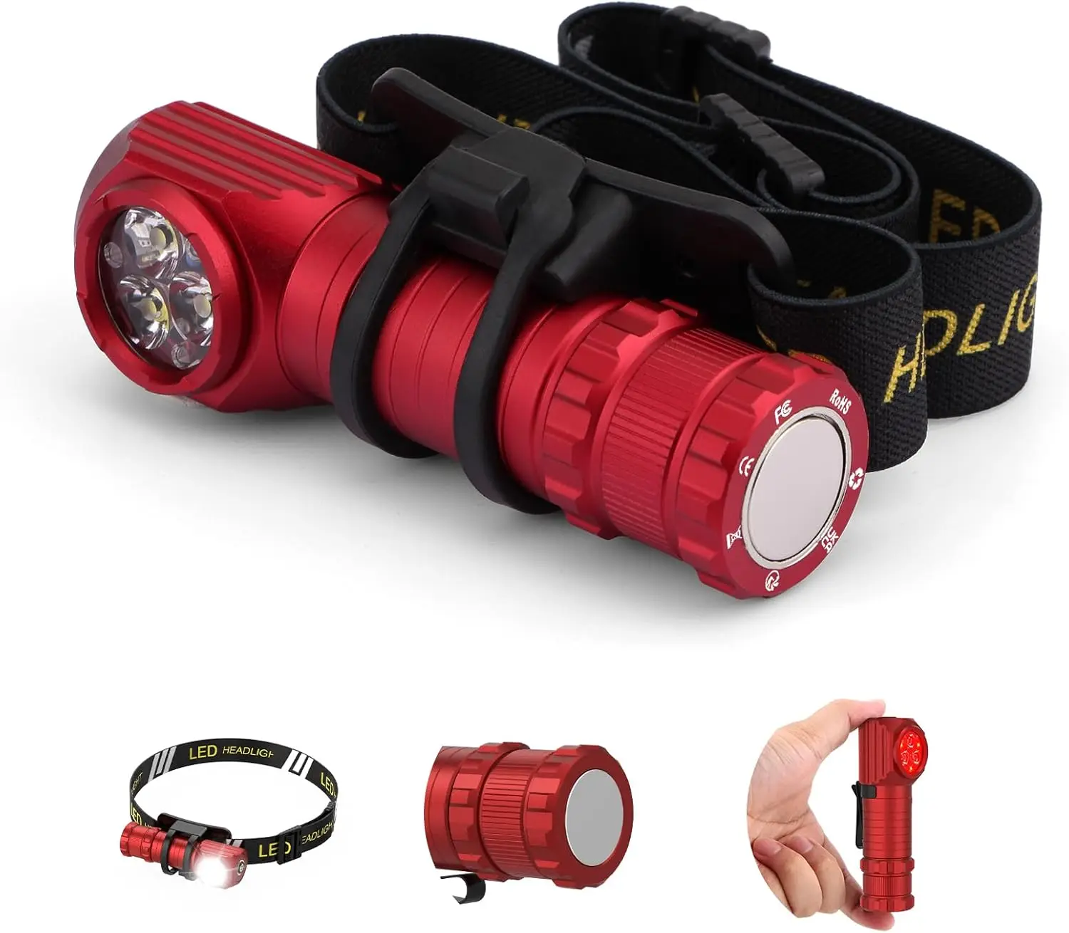

LED Rechargeable Headlamp for Adults - Hard Hat Light Running Head Lamp with Red Light, Magnet, 180° Tilt, 7 Modes,