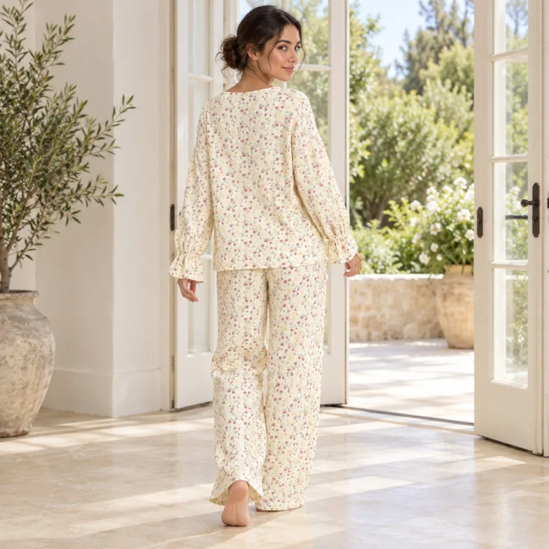 Women Cotton Pajamas Set Floral Print Long Sleeve V Neck Button Down Loungewear Autumn Loose Comfy Sleepwear Home Clothes