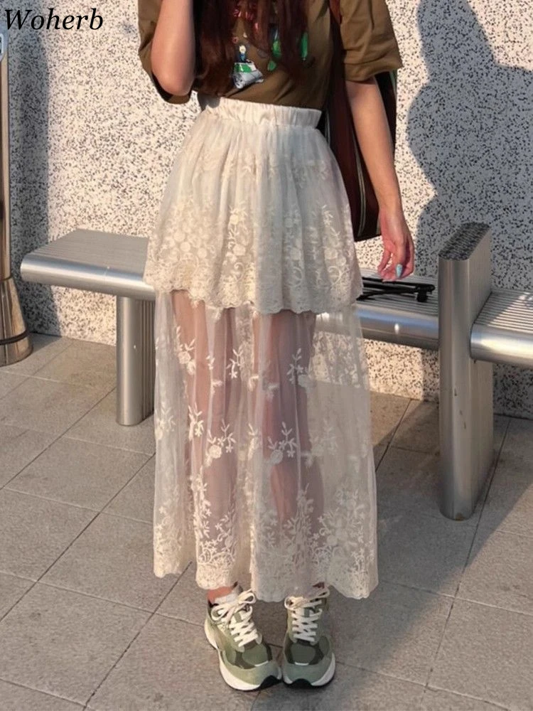 Sweet Long Korean for Women High Waist A-line Embroidery Jupe 2025 Faldas Mujer De Moda Fashion See Through Lace Summer Skirt