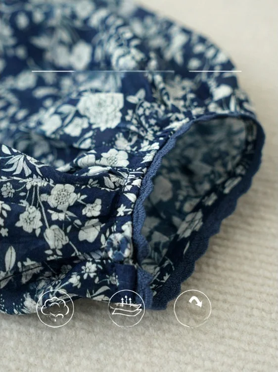

Loose Lantern Sve round Ne Seven Sve irt Women's New 2025 Summer Blue And White Hemp Floral Print Trendy Top