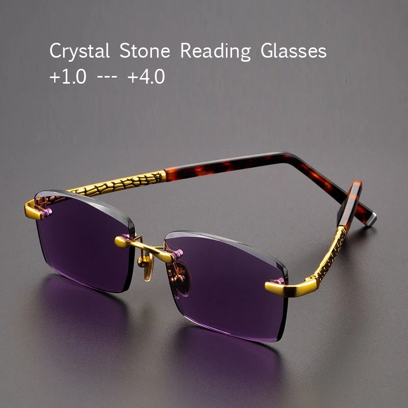 Purple Crystal Reading Glasses Women Acetate Rimless Glass Presbyopic Diopter Natural Stone Mineral Lens +1.0 +4.0 Top Quality