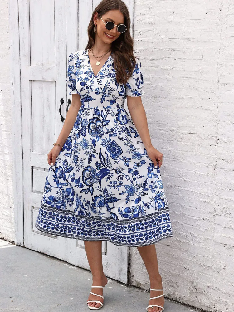 FSMG Elegante stampa floreale con scollo a V mezza manica a sbuffo Boho Maxi abito dolce stile etnico vacanza al mare abito lungo abiti da festa da sera