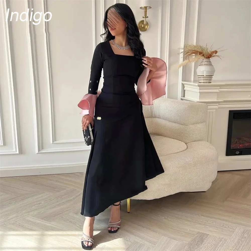 

Indigo A-Line Evening Dresses Long Sleeve Square Collar Crepe Asymmetrical Party Prom Gown Formal Occasion Dress فساتين السهرة