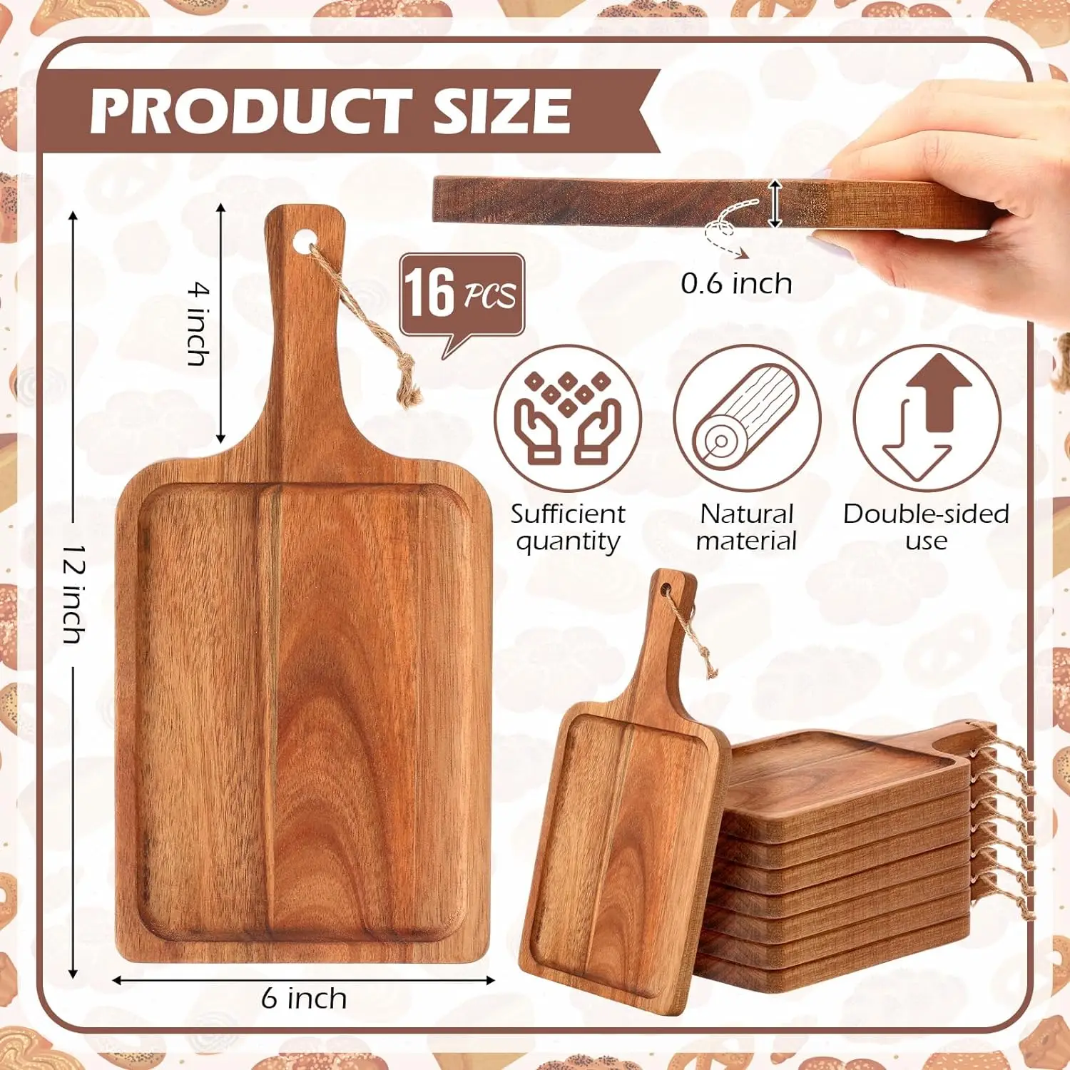 16 Pieces Wood Cutting Board with Handle Chopping Boards Decorative  Pizza Serving Tray Cheese Fruit Board for Kitchen Counter