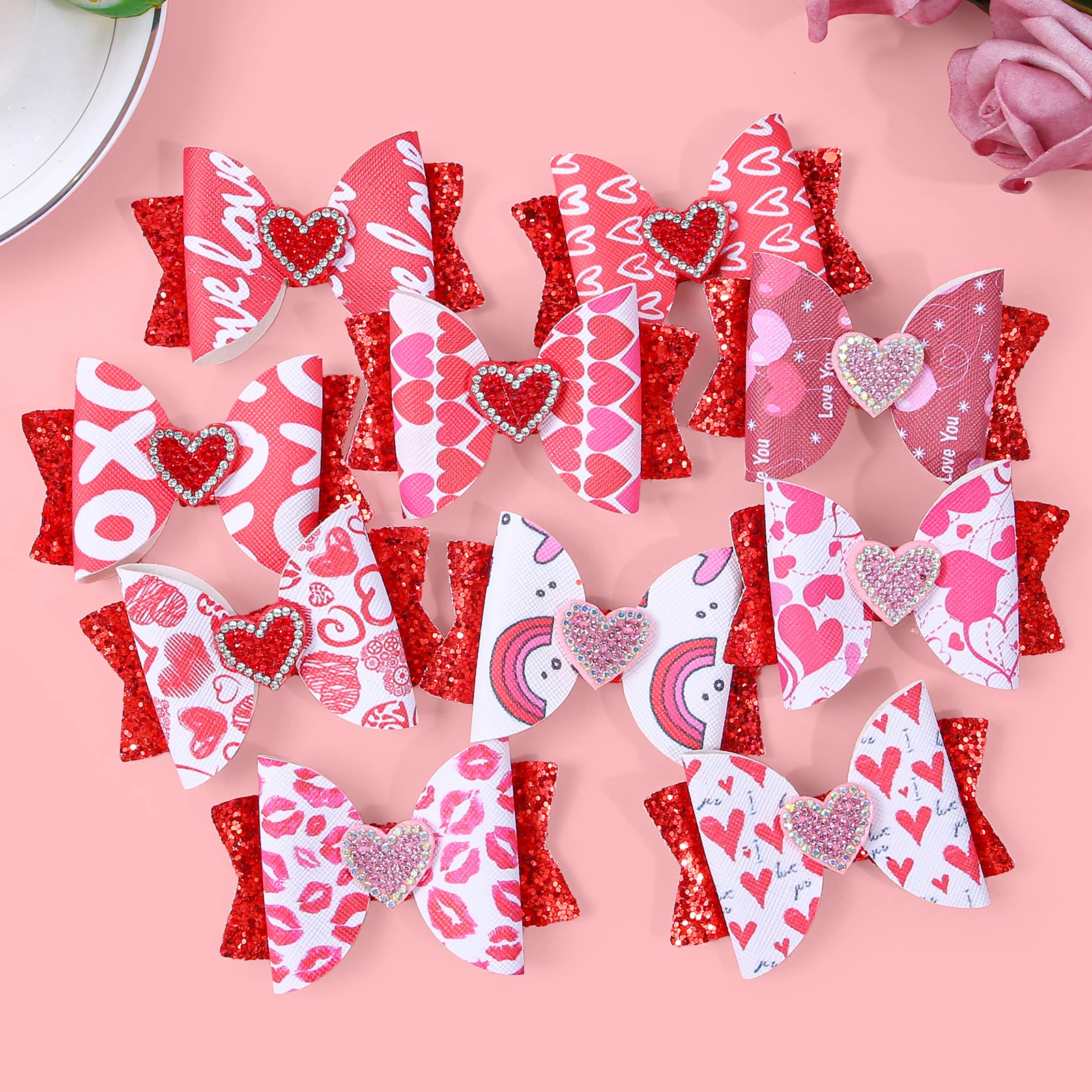 5/10 Stück Valentinstag Druck Herz Haarbögen Clips Mädchen Kristall Herz Haarspangen Haarnadeln für Kinder Kinder Haarschmuck