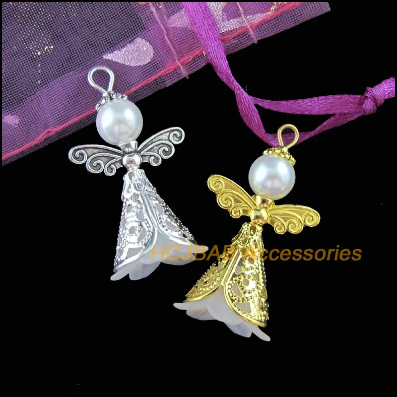 8 New Tibetan Silver Plated Gold Color Charms White Acrylic Angel Wings Pendants 22x37mm