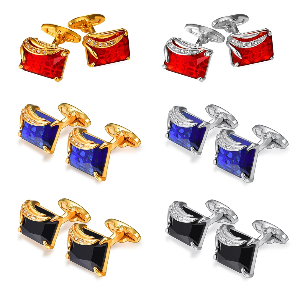 Rectangle Red Blue Black Gemstone Cufflinks for Men 14*19mm Stone Crystal Cufflinks Jewelry Gift for Father Husband Boyfriend
