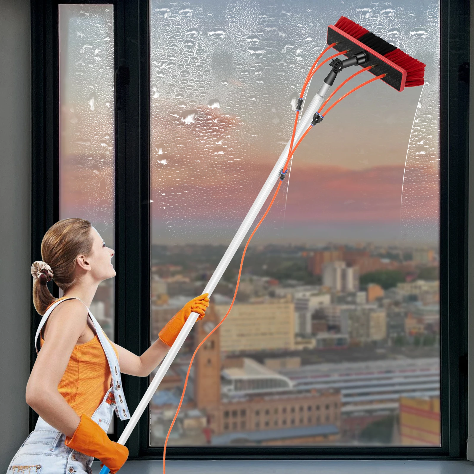 26 Ft Water Fed Pole Kit, Water Fed Brush, Outdoor Tall Window Cleaner Car Glass Solar Panel Cleaning System, Cleaning Brush Tool Extendable Pole Kit Washer Duster Washing Tool