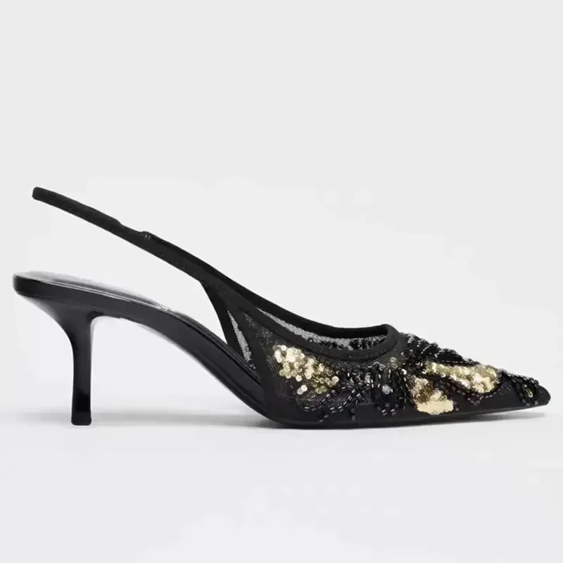 

Spring and Autumn Black Sequin Beaded Back Strap Temperament High Heels Pointed Toe Single Shoes for Women