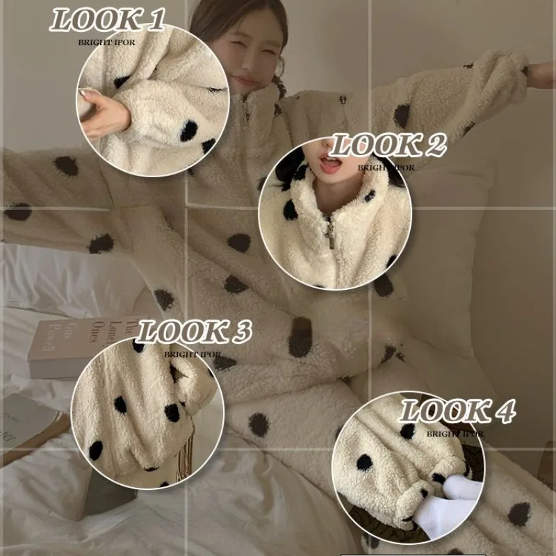 2024 New Women Winter Plus Fleece Thick Sleepwear Stand Collar Zipper Coral Velvet Pajamas Polka-dot Homewear Warm Loungewear