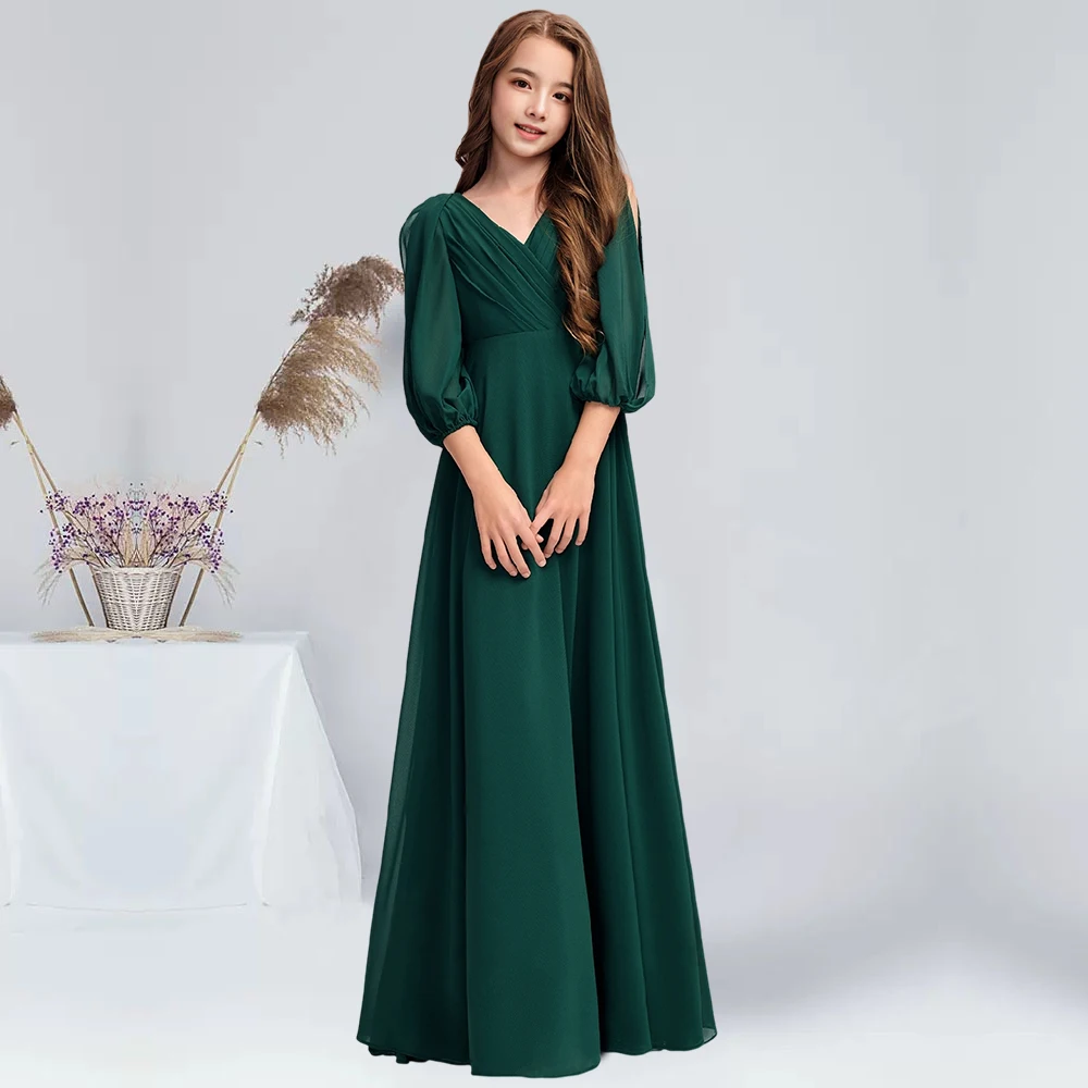 A-line V-Neck Floor-Length Chiffon Junior Bridesmaid Dress With Pleated Dark Green Flower Girl Dress Communion Dress for Juniors