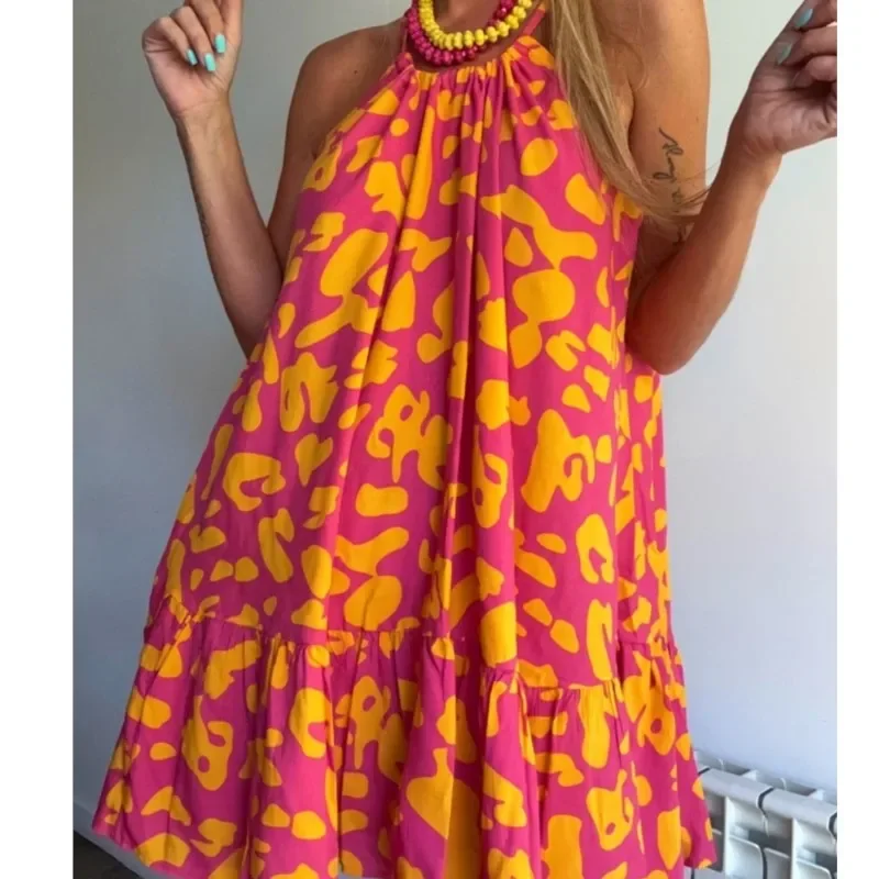 Abito da spiaggia estivo Donna Sexy Halter senza maniche Ruffles Mini abito ampio Moda Stampa floreale A-Line Abiti corti Boho Vestido