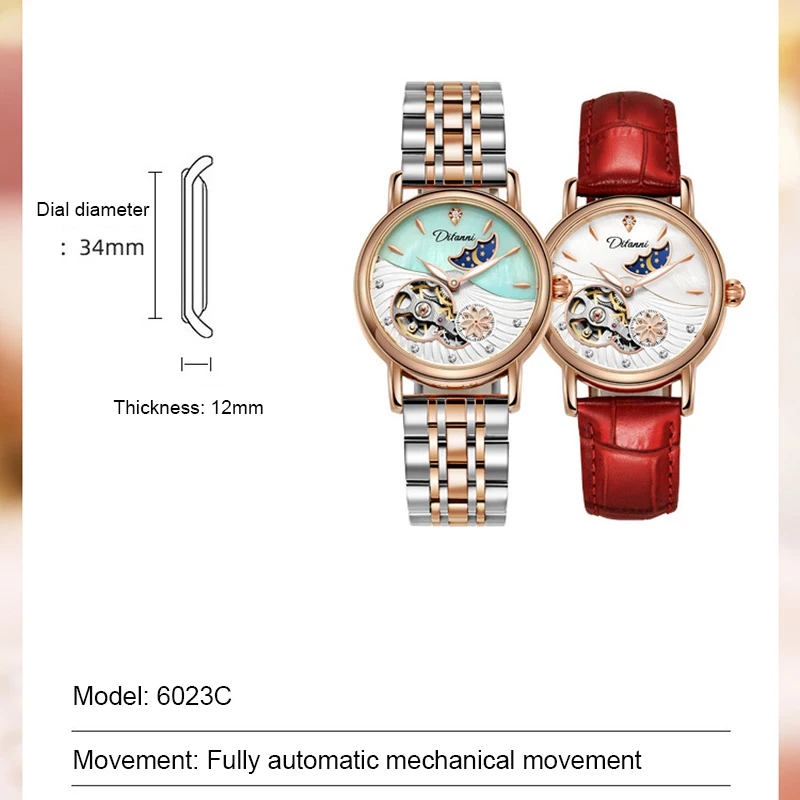 Lady Automatic Mechanical Watches Rotatable Flowers Female Watch Women Brand Luxury Fashion Moon Phase Waterproof Luminous Clock