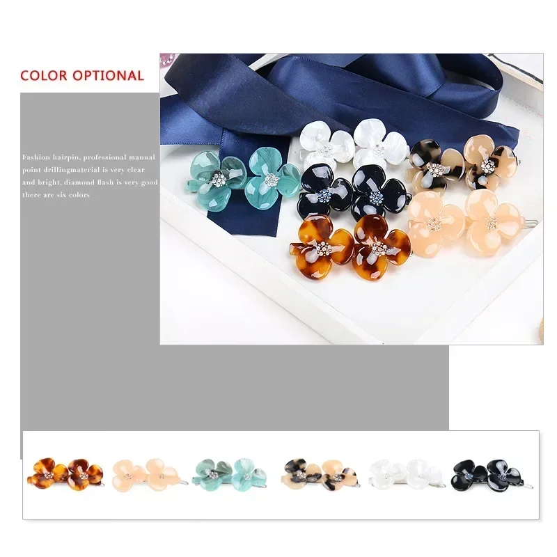 2024 New Korea Version One-word Petal Edge Clip Women\'s Simple Hairpin Flower Clip Girl Hair Accessoires Hair Gems Rhinestone