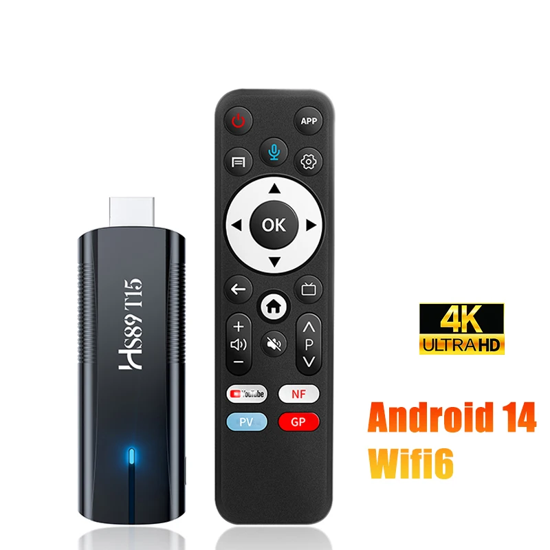 Android TV Stick HS89 T15 Android 14.0 4K Quad Core 2.4G 5G Wifi6