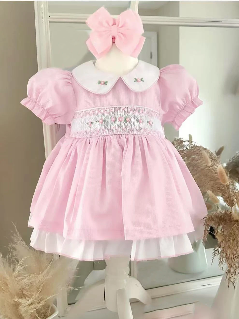 Baby Girl Summer Pink Flower Smocked Handmade Turkish Vintage Lolita Princess Ball Gown Dress for Birthday Eid Photography A68