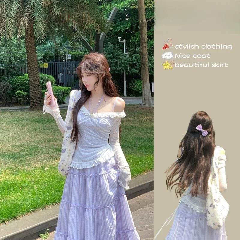 

Youthful Summer Outfit Korean Drama Inspired Tee-Piece Set Women's Long Sve V-Ne Top with ter Ne Strap And Midi S...