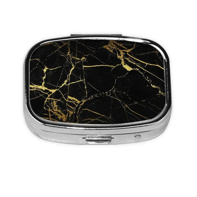 

Black Marble Gold Pill Box 2 Compartment Portable Travel Medicine Box Fits in Purse and Pocket Medicine and Vitamin Organizer