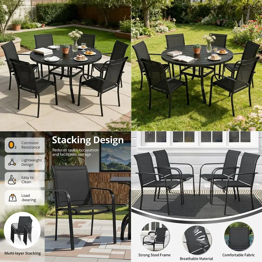 

7 Piece Outdoor Dining Set, Patio Furniture Set with 6 x Textilene Dinning Chairs and 53 Metal Round Table with Umbrella Hole f