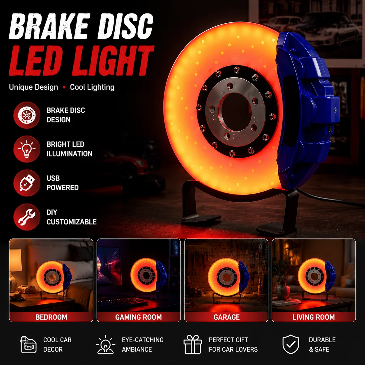 Car Brake Disc LED Lamp Touch Ambient Night Light Cool Car Decor Light Gift for Dad Husband Auto Lovers Birthday