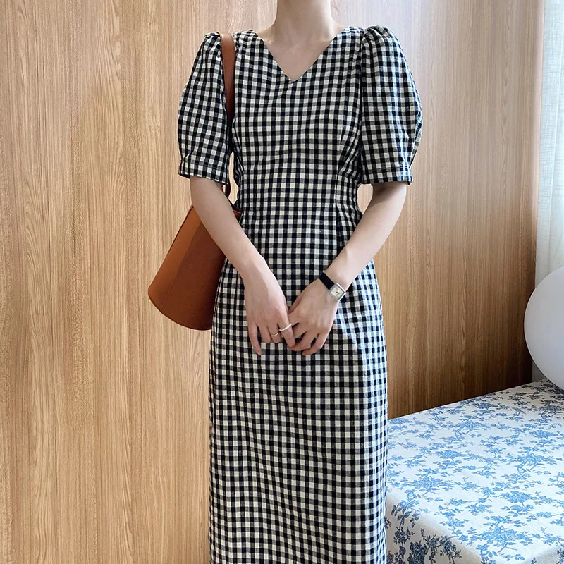 

New Arrivals Spring Summer Dress Women Vintage Elegant Party Dress Plaid Vestidos Femme V-Neck Slim Cotton Linen A-Line Dress