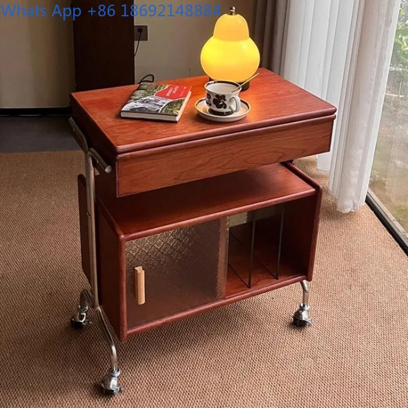 

Vintage Style Solid Wood Storage Side Cabinet Movable Corner Table Storage Trolley Living Room Retro Sofa Side Table