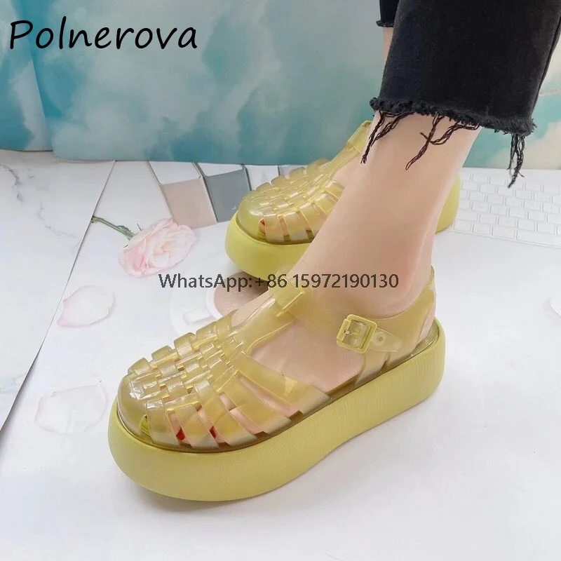 

Transparent Jelly Sandals Weave Round Toe Buckle Strap Flat with Thick Soled Shoes Cover Toe Hollow Leisure Roman Beach Shoes