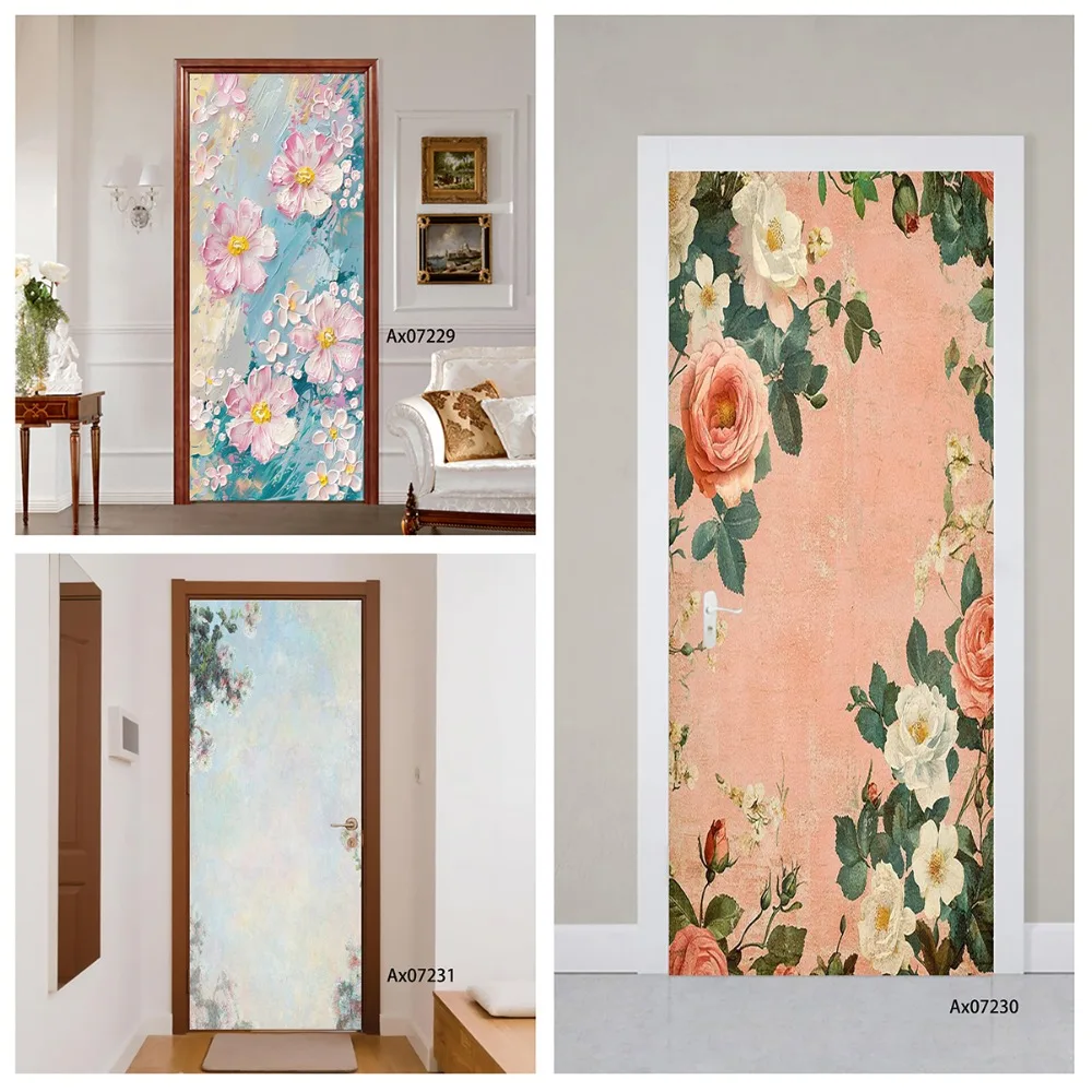 Vintage French Floral Oil Painting Door Sticker Self-adhesive Furniture Doors Refurbished Decorative Waterproof Wall Stickers