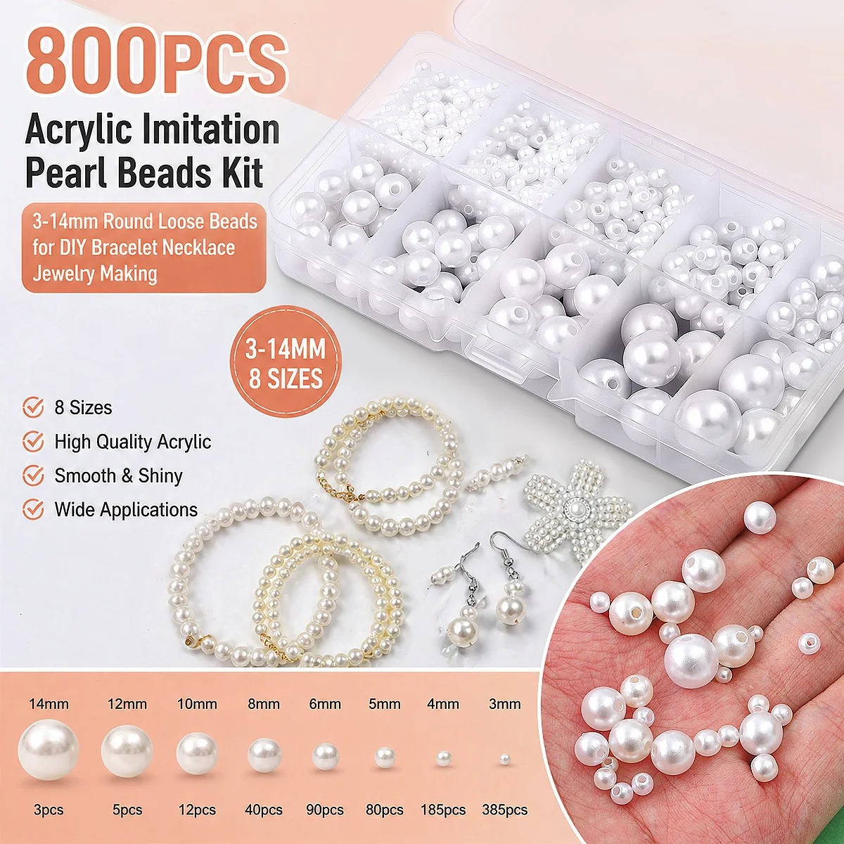 Kit de 800 Cuentas Perla Acrílica Imitación 3-14mm Redondas para Hacer Pulseras, Collares y Joyería DIY, Material de Bisutería