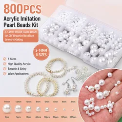 800pcs Acrylic Imitation Pearl Beads Kit 3-14mm Round Loose Beads for DIY Bracelet Necklace Jewelry Making