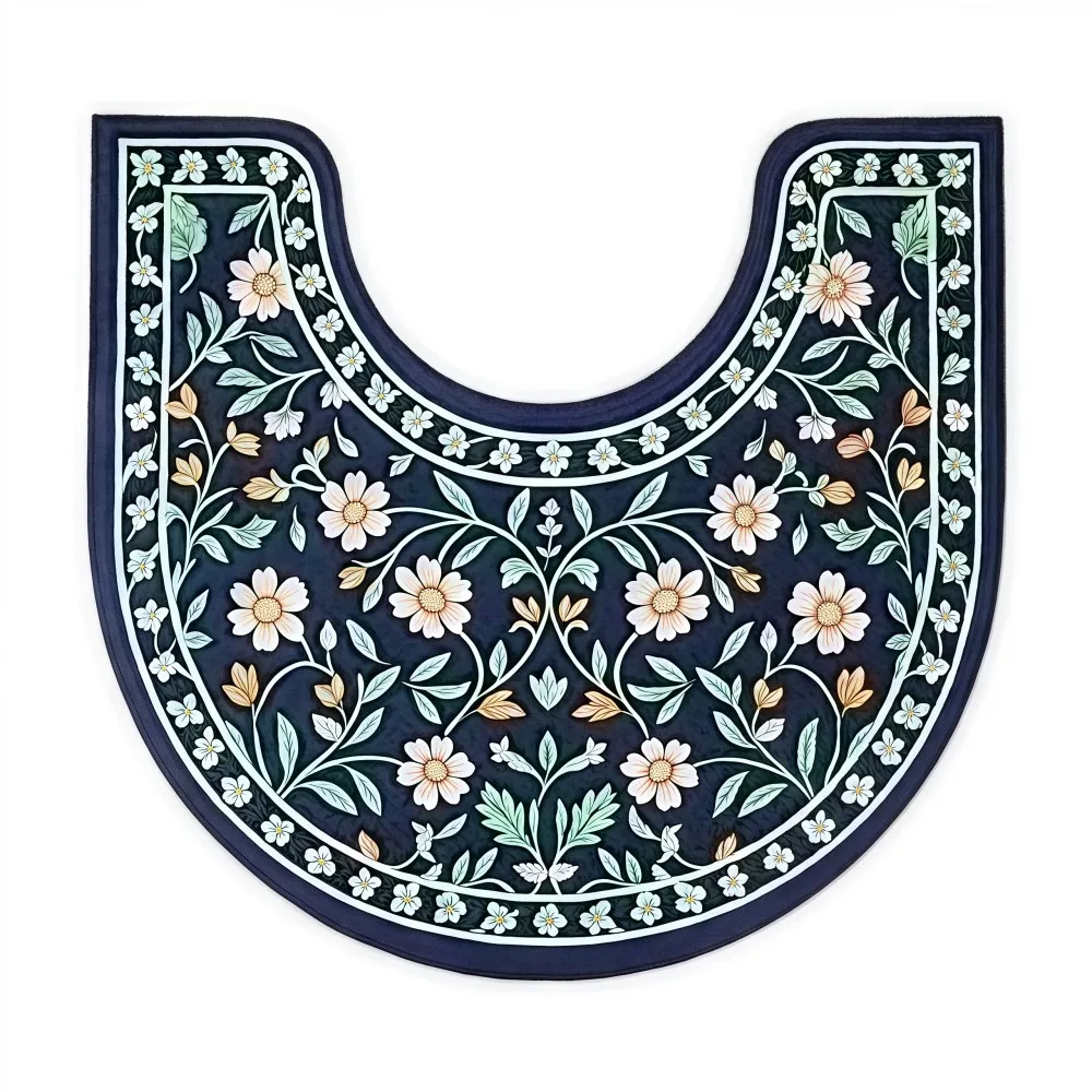 Practical Floral Pattern Toilet U-shaped Mat Absorbent Non-slip Bathroom Floor Rug Quick-dry Washable Bath Mat Household