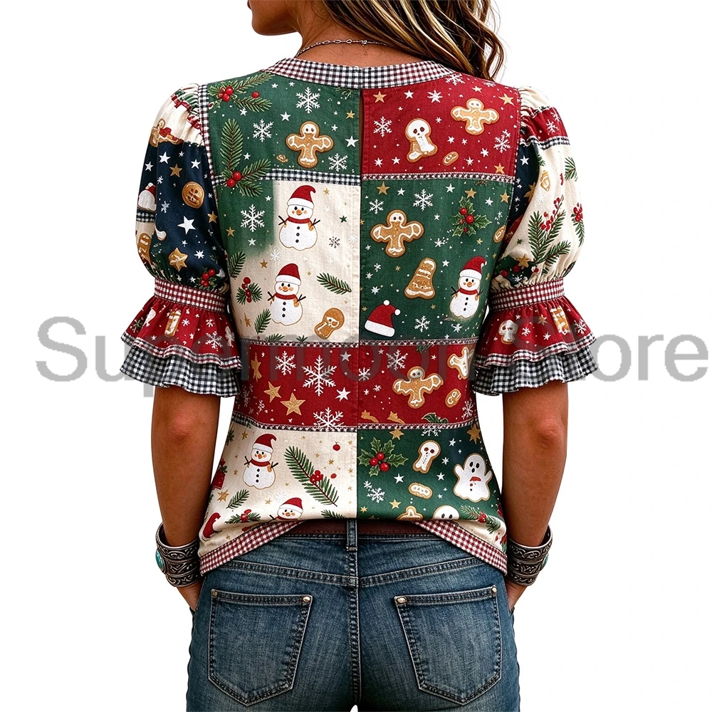 Women Christmas Patchwork Print Blouse V-Neck Ruffle Puff Sleeve Loose Fit Tunic Shirt Cowgirl Country Summer Tops