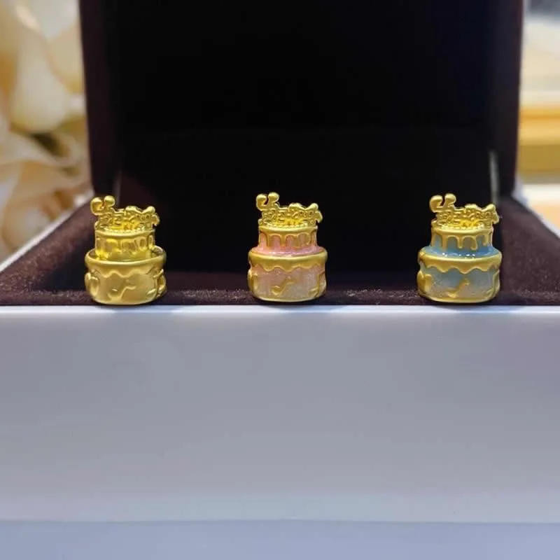 New Arrival 24K Yellow Gold Beads Women 999 Gold Sweet birthday cake Beads 1pcs