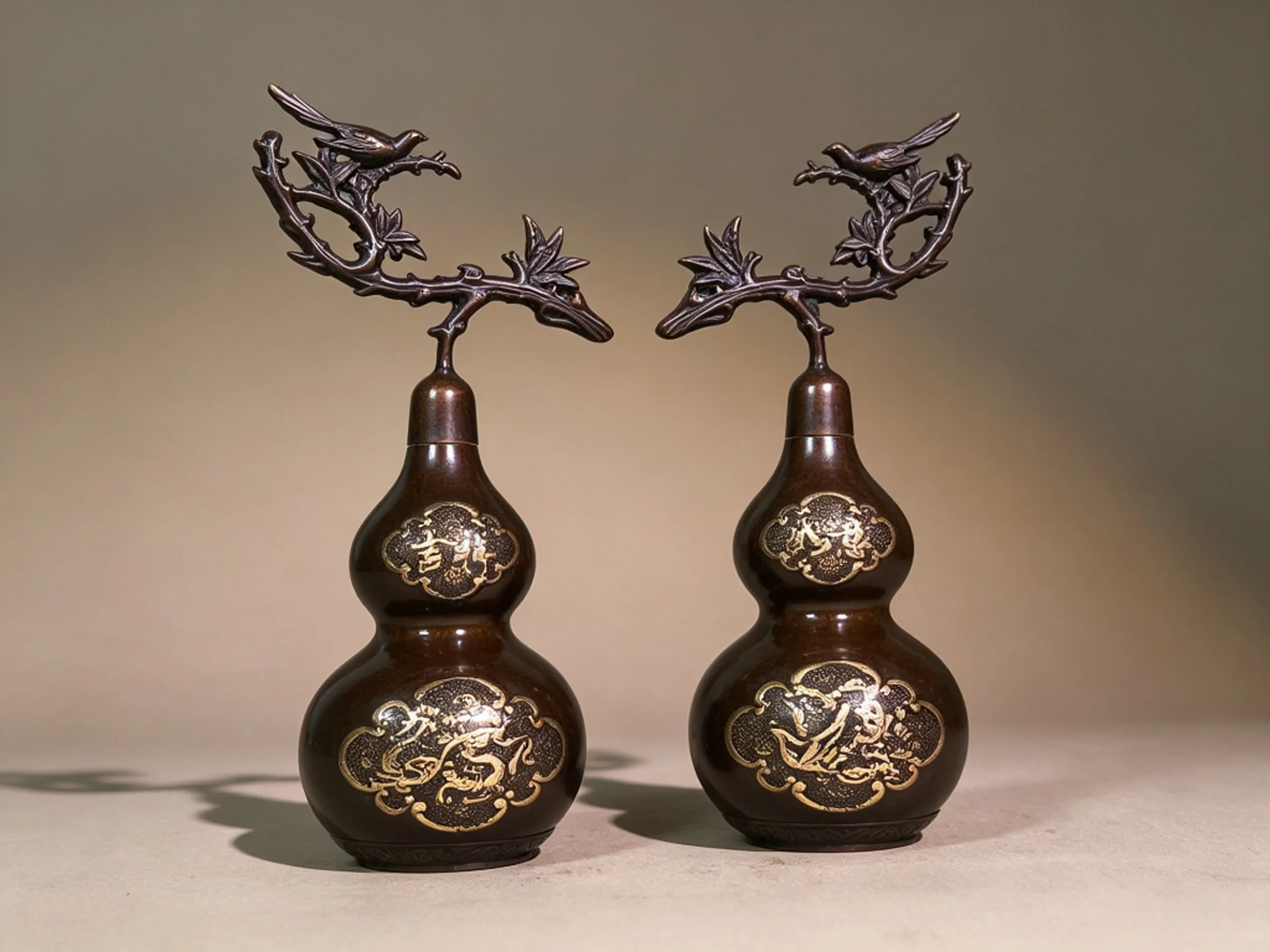 Exquisite Pure Copper Ornament of Auspicious Ruyi, Magpie on Branch, Gourd Symbolizing Blessings and Prosperity, Desktop Decor &