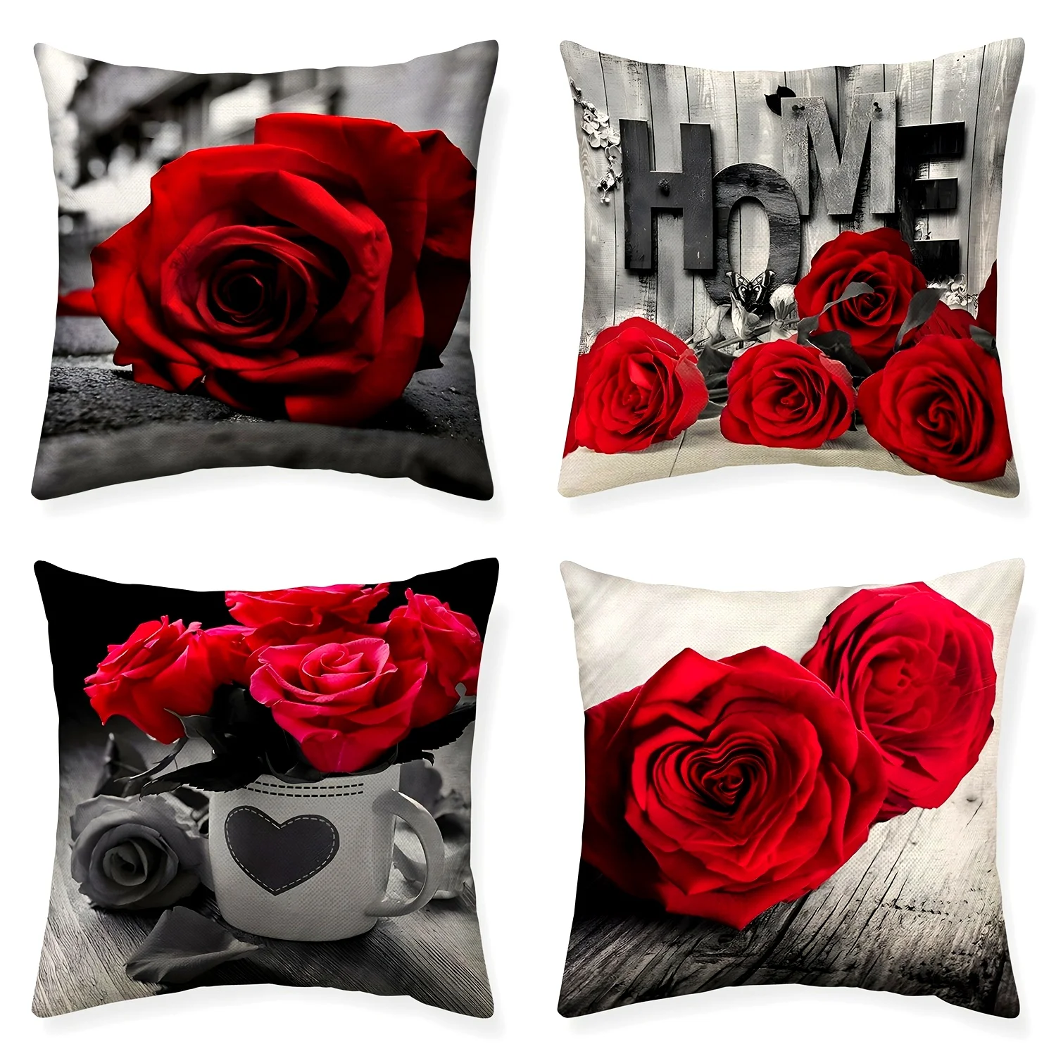 4 Pcs Black & Red Rose Pillow Covers Cozy Polyester Linen Cushion for Home Decor, Valentine's Gift (Pillow Inserts Not Included)